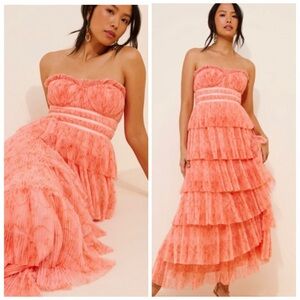 Hutch Monaco Gown Anthropologie Strapless Tiered Orange Floral Dress Size 10